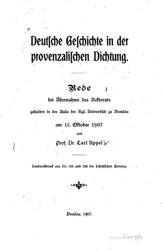 Deutsche Geschichte in der provenzalischen Dichtung by Carl Ludwig Ernst Appel, Carl Appel cover