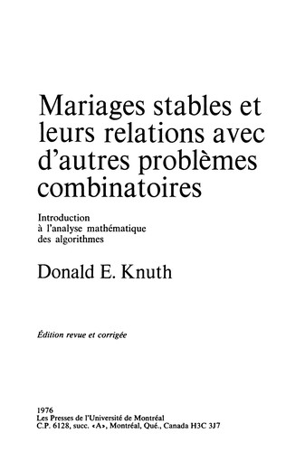 Mariages stables et leurs relations avec d'autres problemes combinatoires