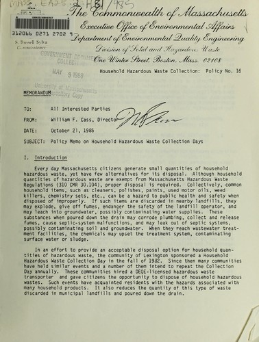 Policy memo on household hazardous waste collection days