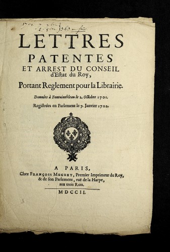 Lettres patentes et arrest du Conseil d'Estat du roy, portant reglement pour la librairie by France cover