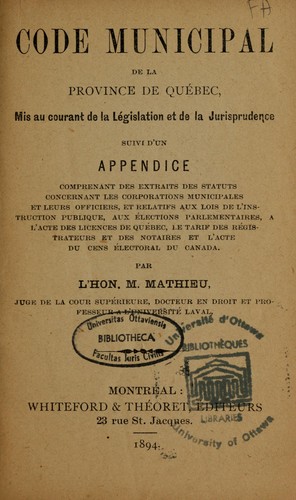 Code municipal (1871) by Québec (Province) cover
