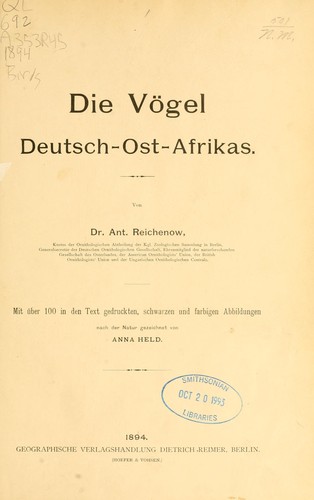 Die Vögel Deutsch-Ost-Afrikas by Anton Reichenow cover
