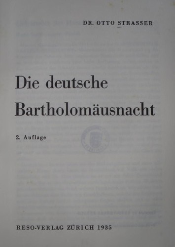 Die deutsche Bartholomäusnacht by Strasser, Otto cover