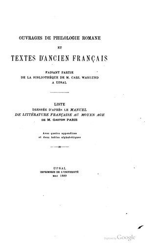 Ouvrages de philologie romane et textes d'ancien français by Karl Vilheim Wahlund cover