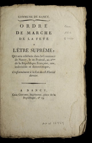 ... Ordre de marche de la fete a l'E tre supre me by Nancy (France) cover