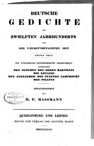 Deutsche Gedichte des zwoelften Jahrhunderts und der naechstverwandten Zeit by Hans Ferdinand Massmann cover