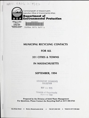 Municipal recycling contacts for all 351 cities & towns in Massachusetts