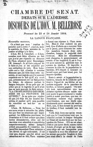 Discours de l'Hon. M. Bellerose by Joseph H. Bellerose cover