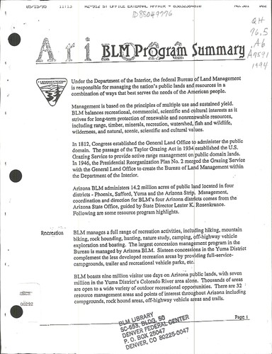 Arizona BLM program summary