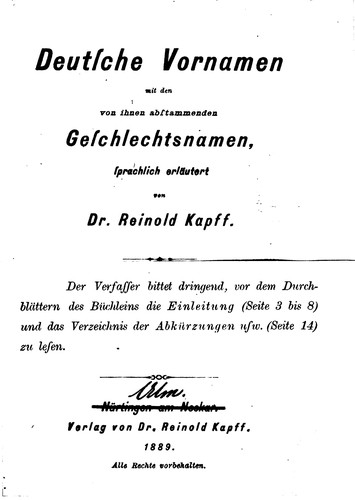 Deutsche vornamen mit den von ihnen abstammenden geschlechtsnamen by Reinold Kapff cover