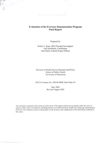 Evaluation of the Evercare demonstration program by Kane, Robert L. cover