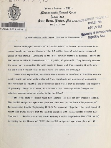 Non-hazardous solid waste disposal in Massachusetts by Massachusetts. General Court. Science Resource Office cover