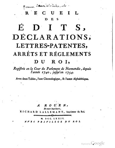 Recueil des édits, declarations, lettres-patentes, arrêts et réglements du roi by France cover