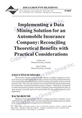 Implementing a data mining solution for an automobile insurance company