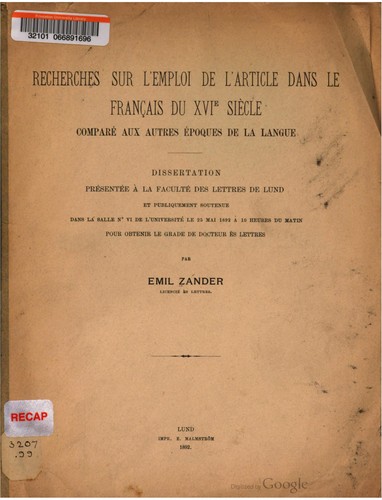 Recherches sur l'emploi de l'article dans le français du XVIe siècle comparé aux autres époques de la langue by Emil Zander cover